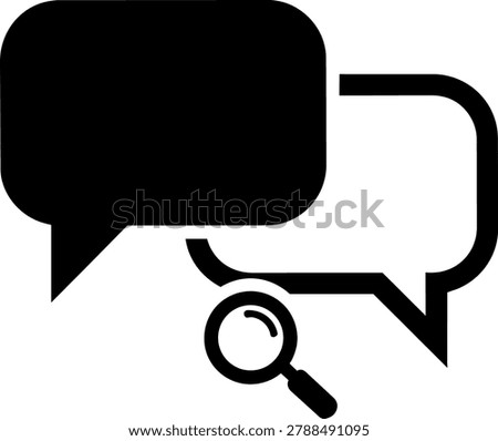 Vector illustration of two chat bubbles combined with a search glass symbol for finding information customer support and digital message discovery.