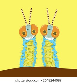 Ilustração vetorial de duas lagartas alegres com corpos azuis e amarelos, grandes olhos alaranjados e antenas listradas em pé em chão marrom com fundo amarelo.