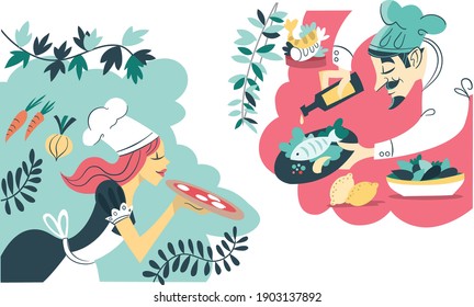 vector illustration - two chefs with pizza and fish - mediterranean food 