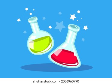 Vector illustration of two chemical flask with green and red liquid on blue background with chemical reaction and star. Bright object design for web, site, banner, poster
