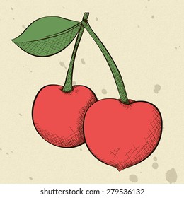 A vector illustration of two cherries in a hand drawn vintage style.
