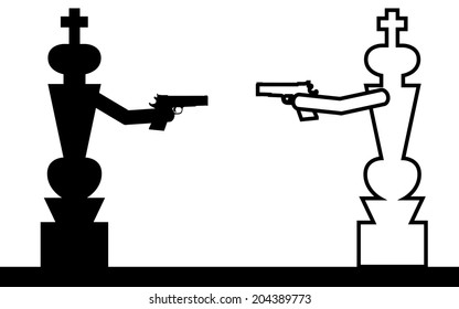 Vector , illustration. Two chess kings are fighting with guns. 