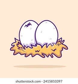 Vector illustration of two chicken eggs in hay designed in flat cartoon style. Egg icon. Egg element.