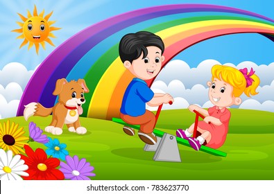 Vector illustration of Two Children and dogs playing seesaw in the park on rainbow day