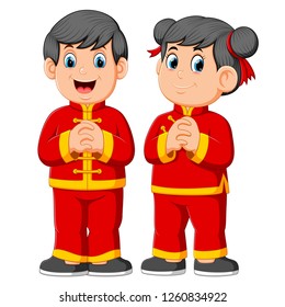 vector illustration of two children are giving a greeting for a chinese's new year