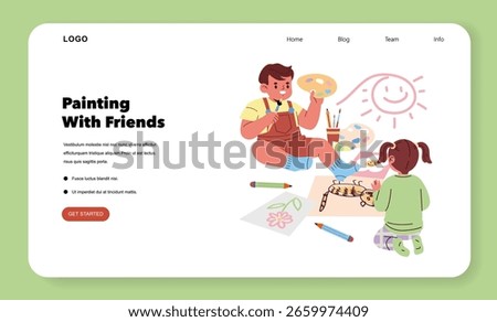 Vector illustration of two children joyfully painting together on a floor, using colorful paints and drawing tools, expressing creativity and friendship in a playful setting.