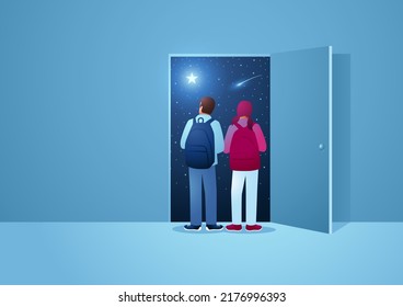 Ilustración vectorial de dos niños mirando a través de la puerta abierta para ver la vastedad del espacio exterior, la imaginación,   a lo desconocido, abrir el conocimiento, ilustración vectorial