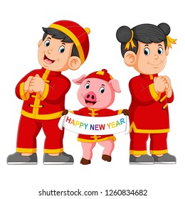 vector illustration of two children with a pink pig are giving a greeting for a china's new year
