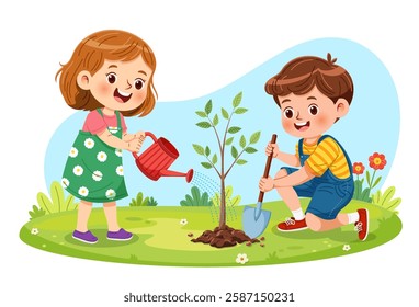 Vector illustration of two children planting tree in garden. Cute girl waters small tree with red watering can, while cheerful boy uses shovel to grow it