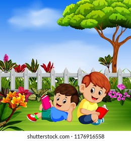 vector illustration of two children reading book in the yard