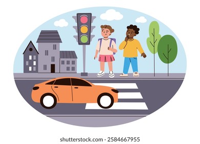 Vector illustration of two children standing on crosswalk, girl and boy looking at traffic light, car passes by. Composition with city background with trees, houses. Cartoonish, simple flat style