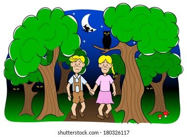 vector illustration of two children who wander through the forest 