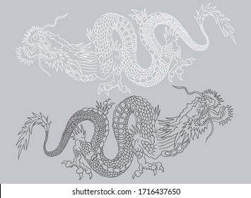 Vector illustration of two Chinese dragons. Black and white asian dragons.