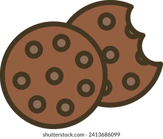 A vector illustration of two chocolate chip cookies, one whole and one with a bite taken.