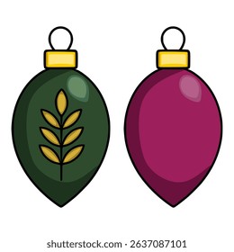 Vector illustration of two Christmas baubles: one dark green with a stylized golden plant motif, and one deep burgundy, offering a minimalist design perfect for festive cards or decorations.