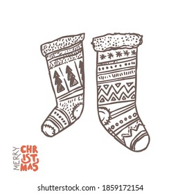 Vector illustration of two Christmas socks for gifts. Doodle hand drawn sketch of holiday festive decoration