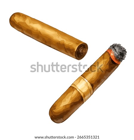 Vector illustration of two cigars in watercolor style, one lit with smoke and ash, and one unlit, isolated on white background.