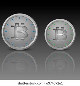 Vector illustration of two circle shaped clock faces with bitcoin signs in it
