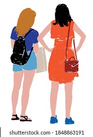 Vector illustration of two city girls outdoors on summer day