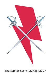 Vector illustration of two clashing swords over the symbol of red thunderbolt. Ideal design for chivalry and adventure comics.