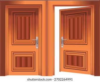 Ilustração vetorial de duas portas de madeira clássicas, uma fechada e outra parcialmente aberta, apresentando painéis elevados, tons castanhos quentes e alças de prata.