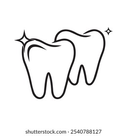 Ilustración vectorial de dos dientes limpios y sanos con efecto chispa. Perfecto para diseños y promociones relacionados con la higiene dental, la salud bucal y la higiene.