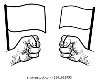 Vector illustration of two clenched fists holding waving flags in protest style.