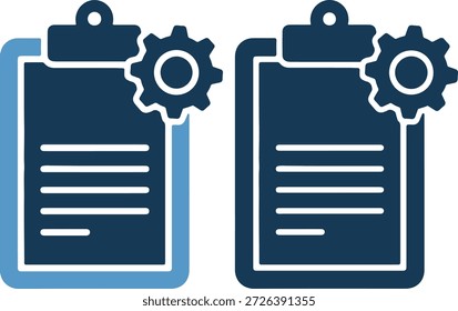 Ilustração vetorial de dois ícones da área de transferência com engrenagem e lista de verificação em azul e branco sobre fundo branco, representando organização e planejamento