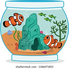 Vector illustration of two clownfishes in an aquarium.