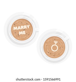 Vector Illustration of Two Coffee Cups with Foam.Original Proposal of Marry Me with Ring like Drawing in Cup with Espresso,Cappuccino or Latte.Creative Concept Design for Valentine's Day in Flat Style