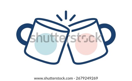 Vector illustration of two coffee mugs clinking together in simple minimal design, representing social celebration, hot drinks, coffee break, or friendship concept