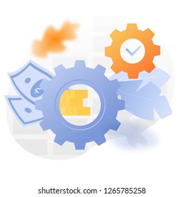 Vector illustration of a two cogwheels over white background surrounded by light gradiented leaves, coins and paper money.