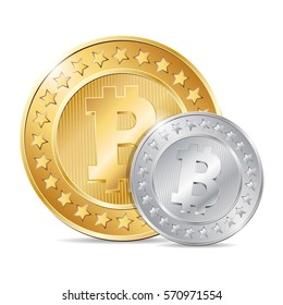 vector illustration of two coins with bitcoin sign. EPS