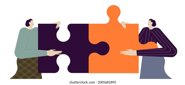 Vector illustration of two colleagues or partners doing jigsaw puzzle. The concept of team work, partnership, business solution for banners, ui and web design. Trendy outline geometric characters.
