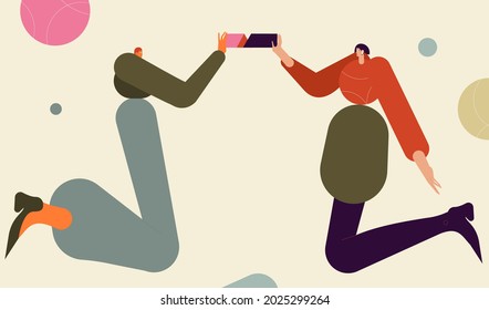 Vector illustration of two colleagues or partners doing jigsaw puzzle. The concept of team work, partnership, business solution for banners, ui and web design. Trendy outline geometric characters.