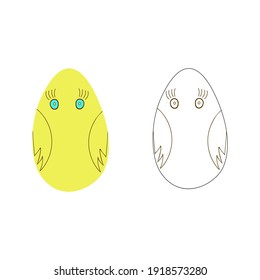 Ilustración vectorial de dos pollos coloreados en forma de huevo aislado sobre fondo blanco. Un pollo es de color, otro es negro y blanco. Diseñado como una página de libro de colores