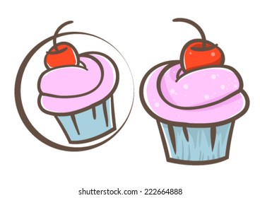 Vector illustration with two colored cupcakes and cherries.