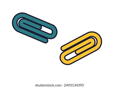 Ilustración vectorial de dos coloridos Clips de papel en un estilo de dibujos animados minimalista, aislado sobre un fondo blanco. Perfecto para materiales educativos y diseños de suministros de oficina.