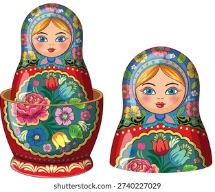 Vector illustration of two colorful Russian nesting dolls with ornate floral folk art designs.