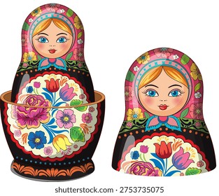Vector illustration of two colorful Russian nesting dolls with detailed floral folk art designs.