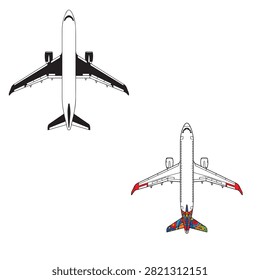 Vector illustration of two commercial airplanes, one in clean black and white line art and the other with red wingtips and tail details.