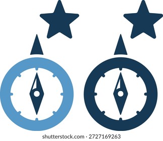 Vector illustration of two compasses with stars in shades of blue on isolated white background for navigation and direction concepts