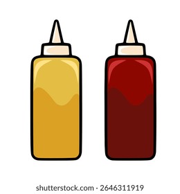 Ilustração vetorial de duas garrafas de condimento, mostarda e ketchup, com um estilo de desenho animado minimalista e contornos arrojados, ideal para embalagem de alimentos ou design de menus.