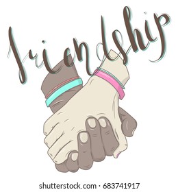 Vector illustration of two connected hands. Hand-written lettering "Friendship"