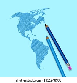 vector illustration of two continents of north and south america shaded by color pencil