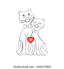 Vector illustration. Two contour cat, lovers, with a red heart, on a white background.