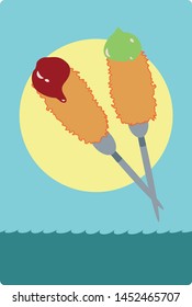 A vector illustration of two corn dogs with red and green sauces crossed on a background of stylized sky and moon and seawaves below