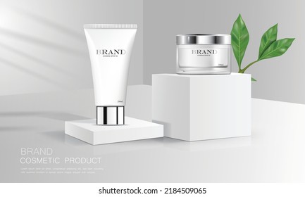ilustración vectorial dos productos cosméticos en podio blanco, uso para publicidad cosmética.productos cosméticos de hidratante, crema, loción y gel, pared y hojas detrás de ella, ilustración 3d, fondo estudio.