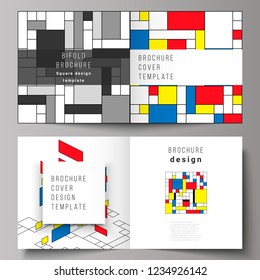 The vector illustration of two covers templates for square design bifold brochure, magazine, flyer, booklet. Abstract polygonal background, colorful mosaic pattern, retro bauhaus de stijl design.