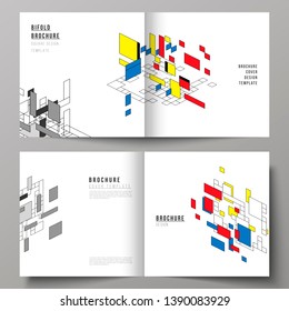 The vector illustration of two covers templates for square design bifold brochure, magazine, flyer, booklet. Abstract polygonal background, colorful mosaic pattern, retro bauhaus de stijl design.